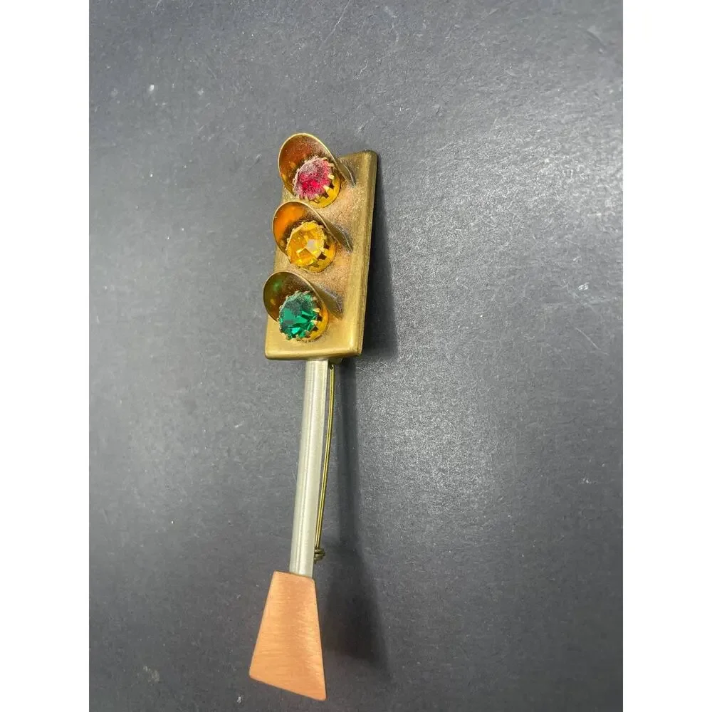 Vintage Traffic Light Stoplight Rhinestone Brooch Pin Gold Tone Red Yellow Green